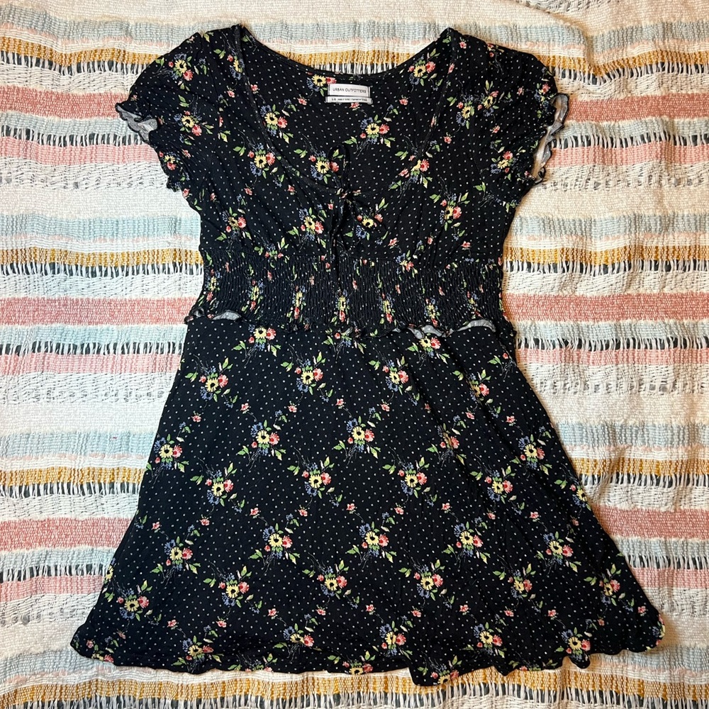Urban Outfitters UO Charlie Knit Short Sleeve Black Floral Mini Dress